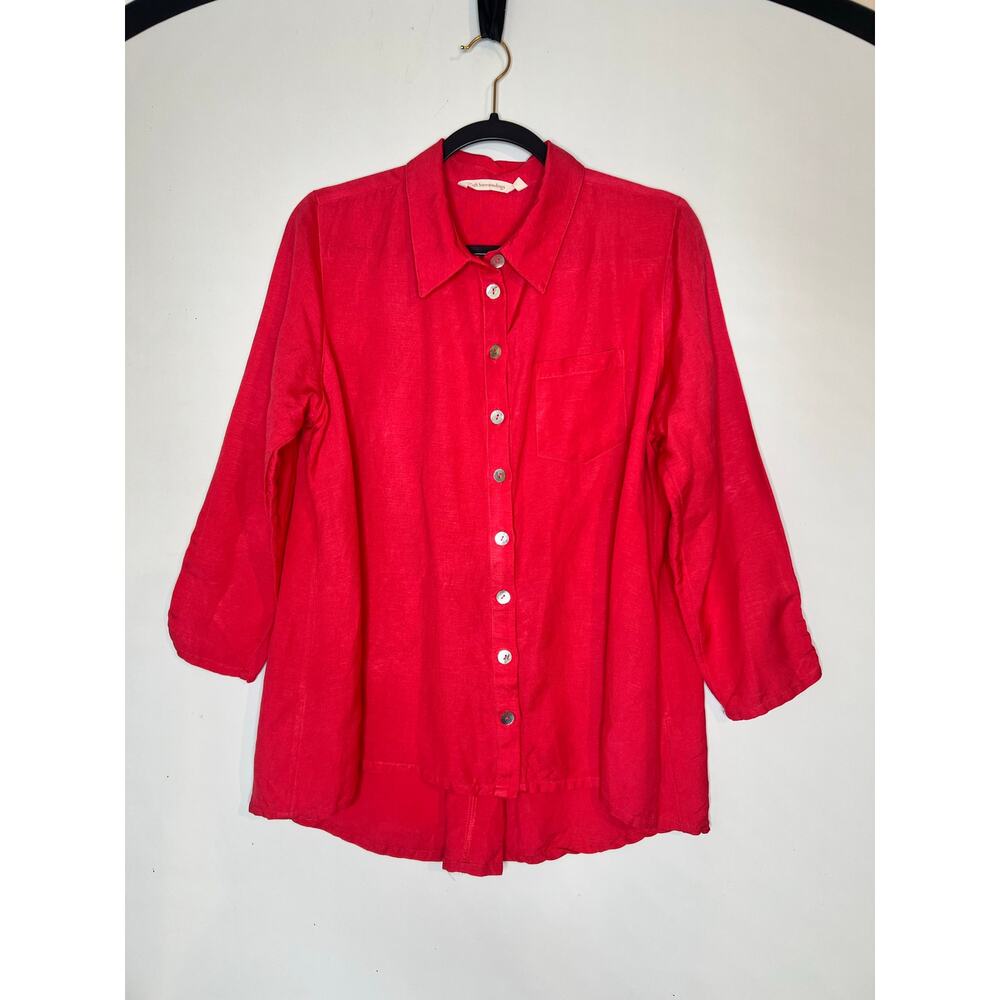 Soft Surroundings Linen Shirt Large Pink Coral Long Sleeve Beachy Zip back boho